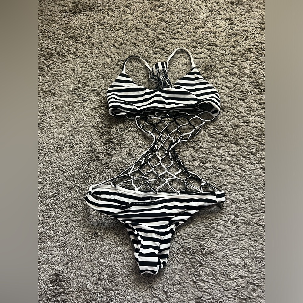 MIKOH Swimwear Xavier Crochet Back One Piece in Black/White Stripe - Picture 7 of 9
